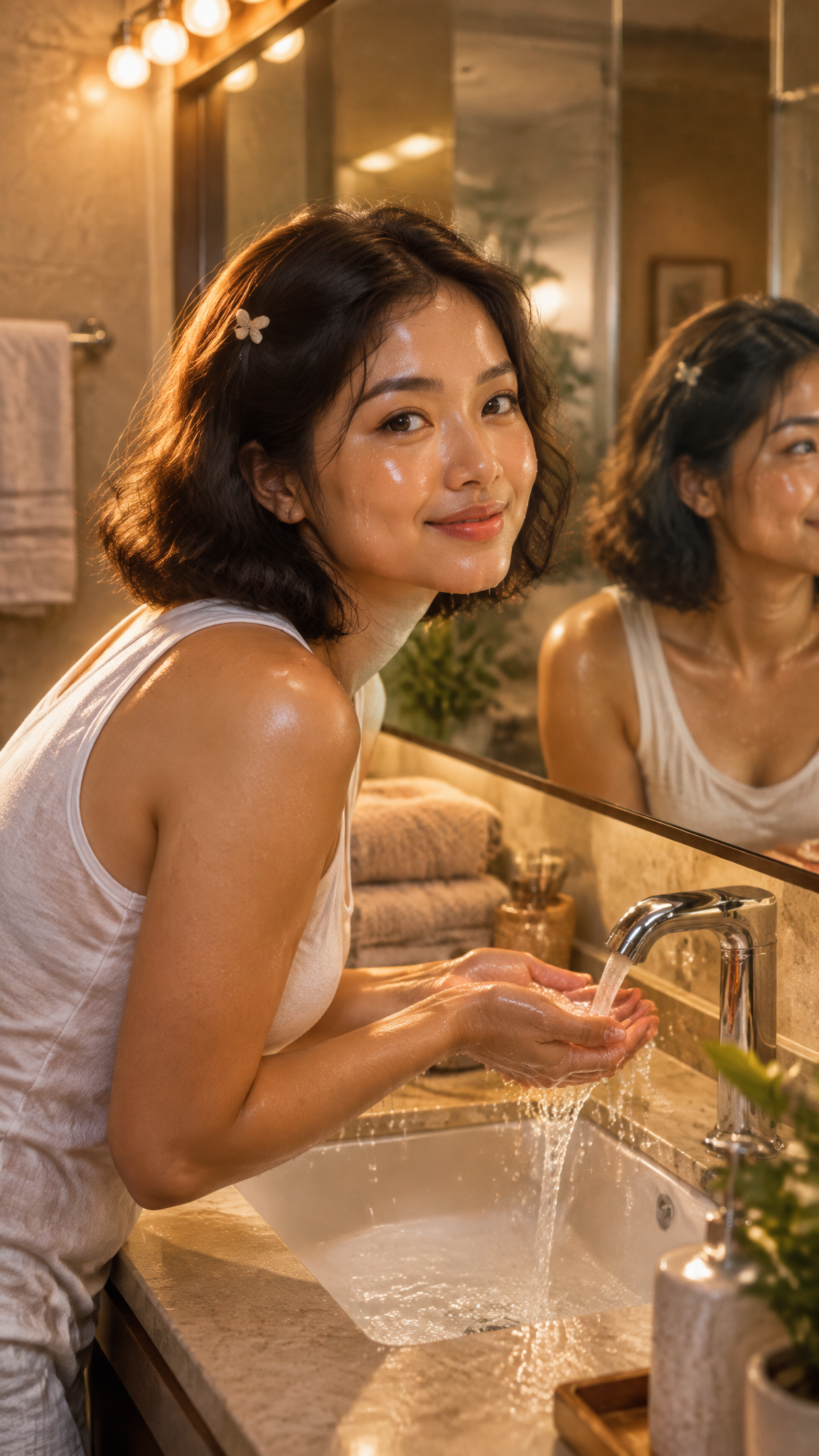 Smiling young woman holds running water in her hands to wash her face at a warm lit bathroom vanity