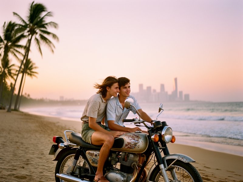 Couple riding a vintage motorcycle on a beach at sunset with palm trees and a distant city skyline.