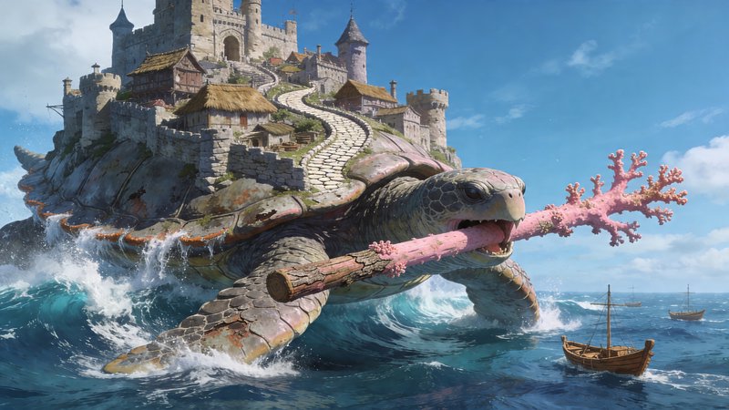 A fantastical scene shows a colossal sea turtle be | vrieming on ...