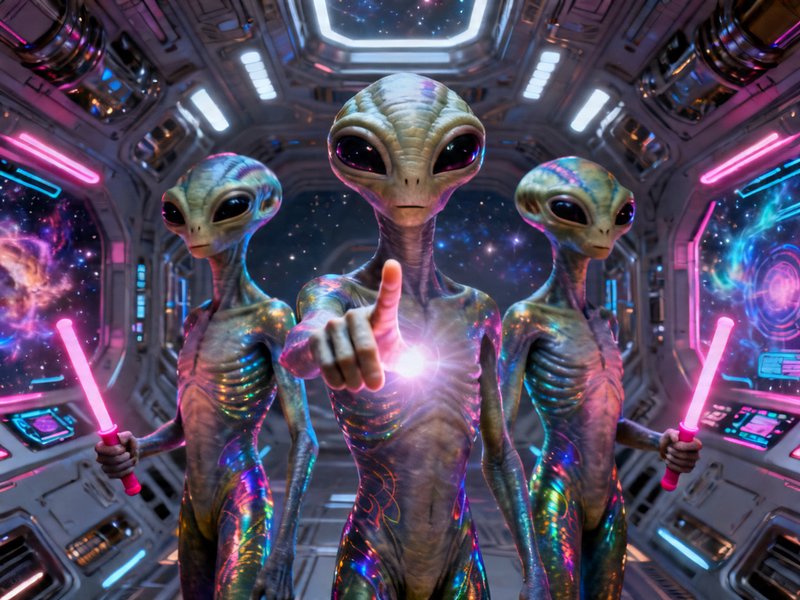 Three iridescent aliens in a neon-lit spaceship, one pointing forward with a glowing pink light sword.