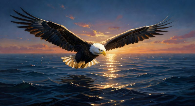 Bald eagle in flight over the ocean at sunset with golden light on the waves.