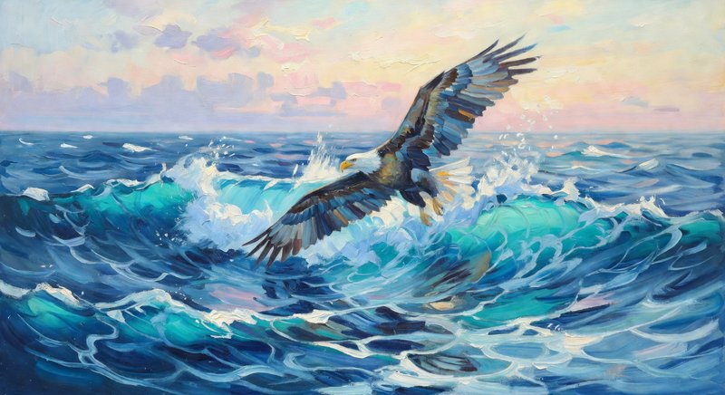 Seabird soaring above rolling ocean waves in a colorful oil painting