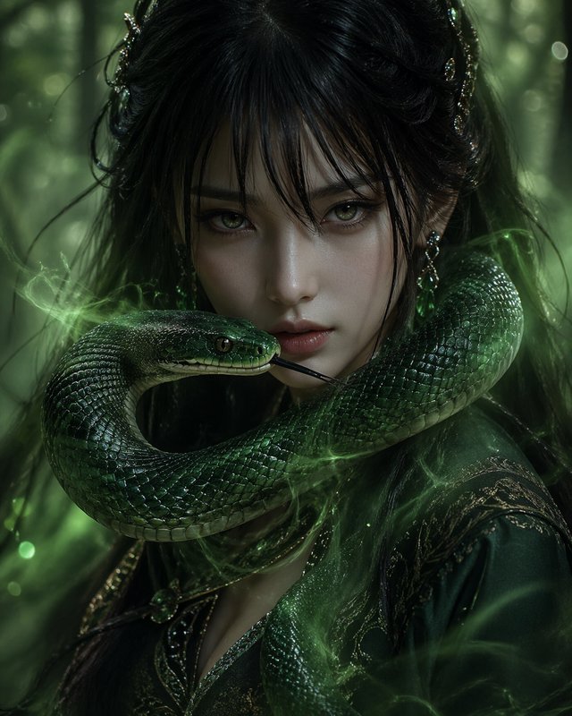 Fantasy portrait of a woman with a green serpent wrapped around her shoulders in a mystical forest setting.