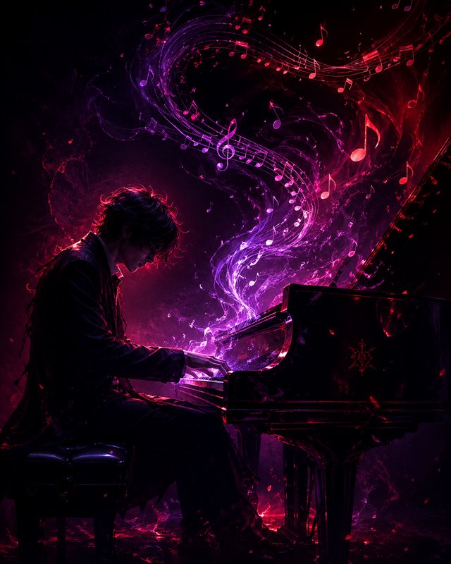 A silhouette of a pianist playing a grand piano with neon purple-pink musical notes swirling around.
