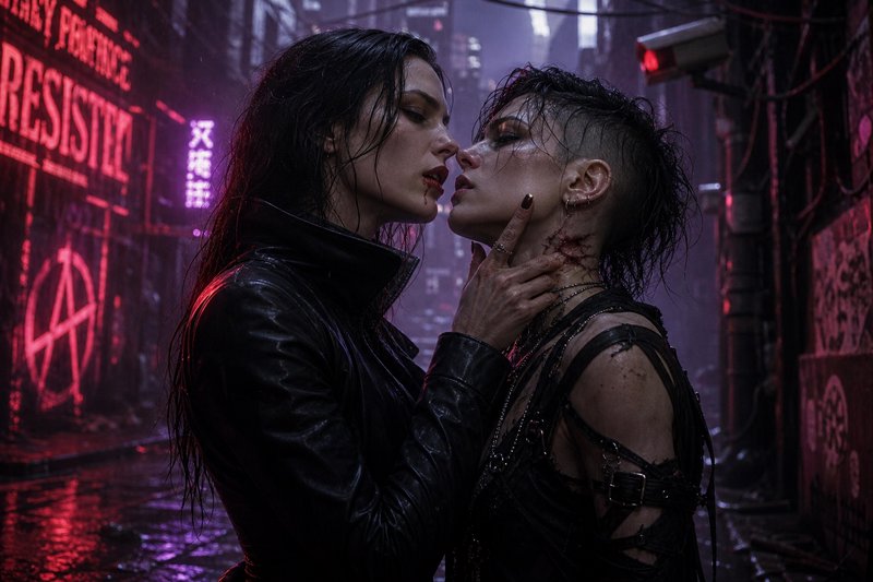 Two women in black leather kiss in a rain-soaked neon alley, moody cyberpunk vibe.