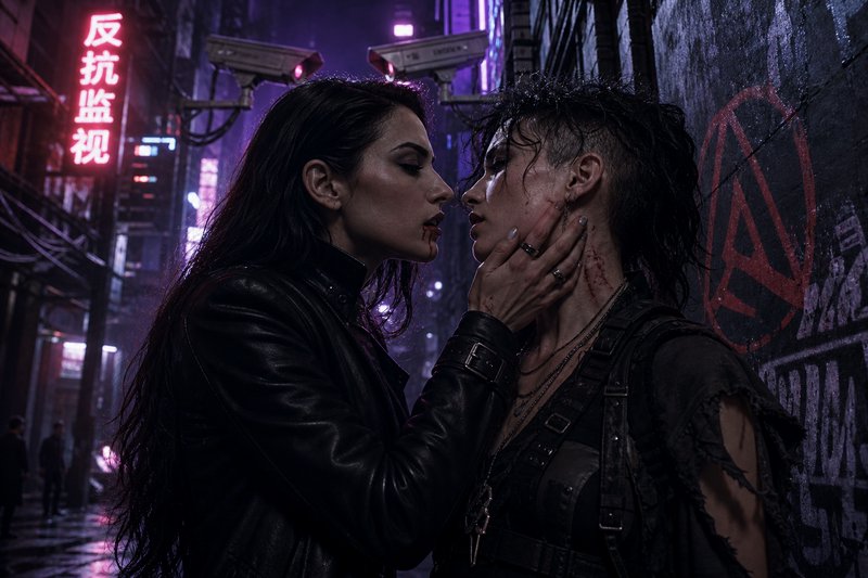 Close-up of two women in a neon-lit alley confrontation, one cupping the other's face.
