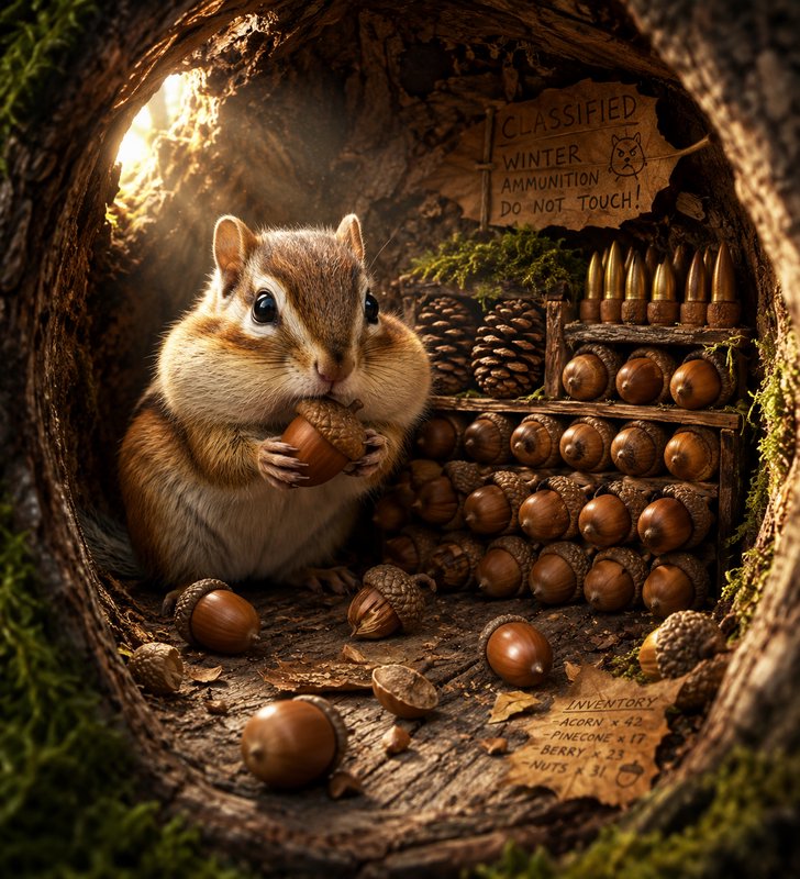 Cute chipmunk inside a hollow log, surrounded by acorns, pinecones, and a whimsical “classified winter ammunition” sign.