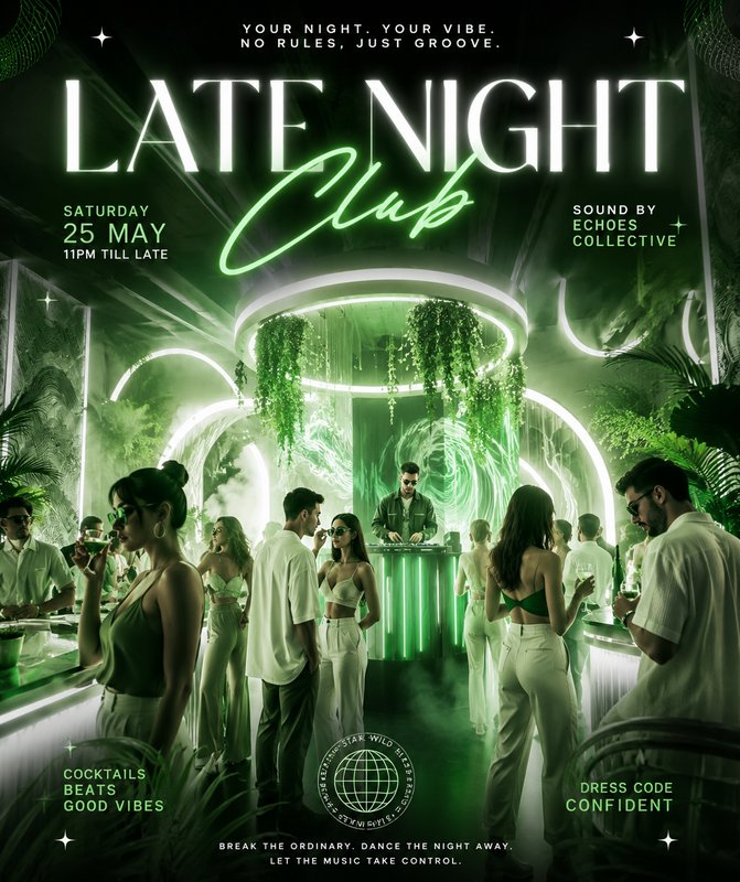 Green neon-lit nightclub poster with a crowd around a DJ booth and hanging plants.