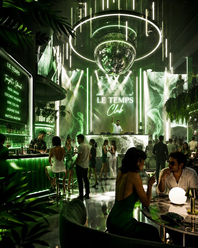 Vibrant nightclub interior with neon green lighting, bar, and a DJ at Le Temps Club.