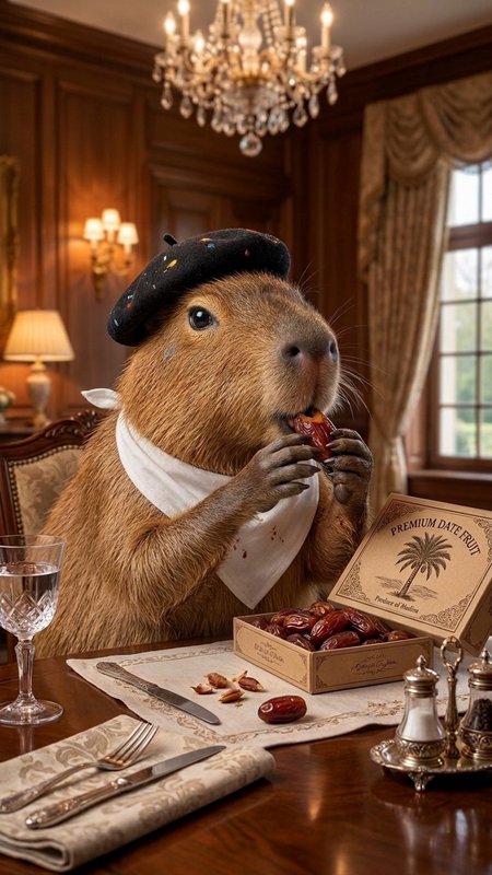 Whimsical capybara in a beret and bib savoring dates at a fancy dining table