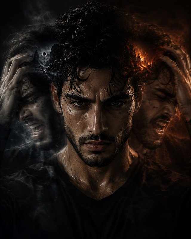 Intense male portrait with fiery and smoky dual-exposure elements.