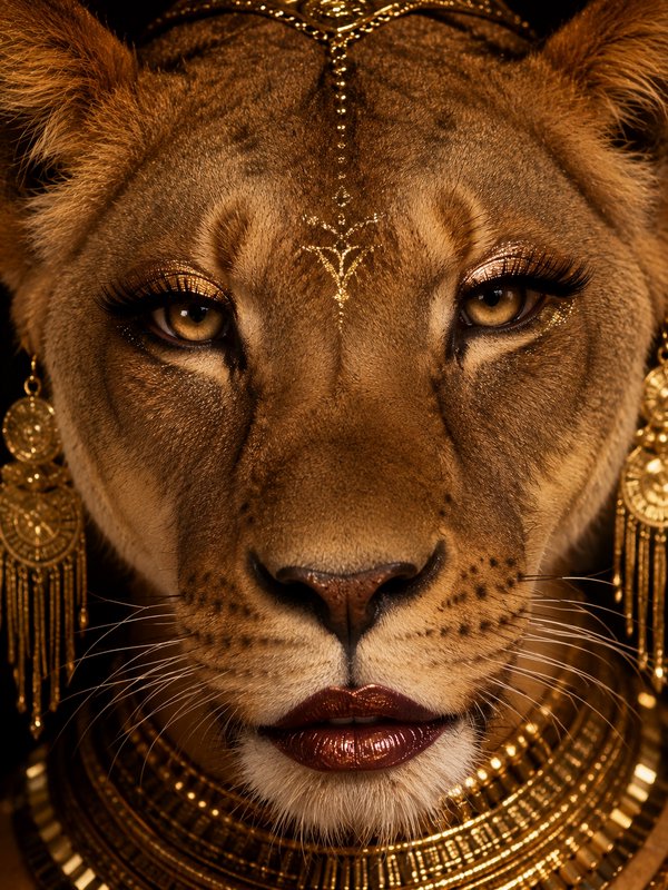 Close-up of a lioness wearing gold jewelry and bold makeup.