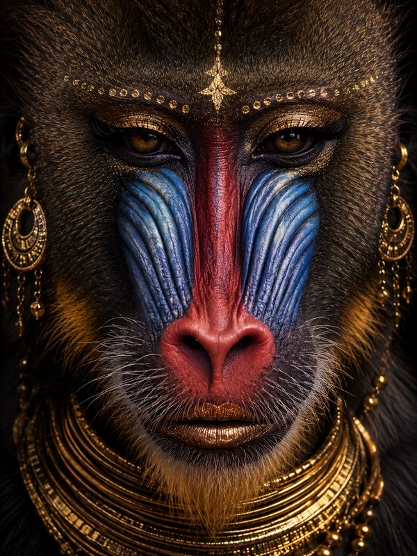 Close-up mandrill face with blue facial ridges, red nose, and ornate gold jewelry.