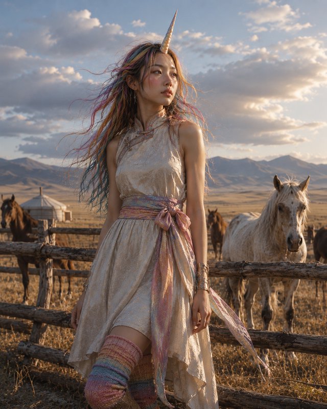 Stylized woman with unicorn horn headband in a pastel lace dress beside a wooden fence at sunset.