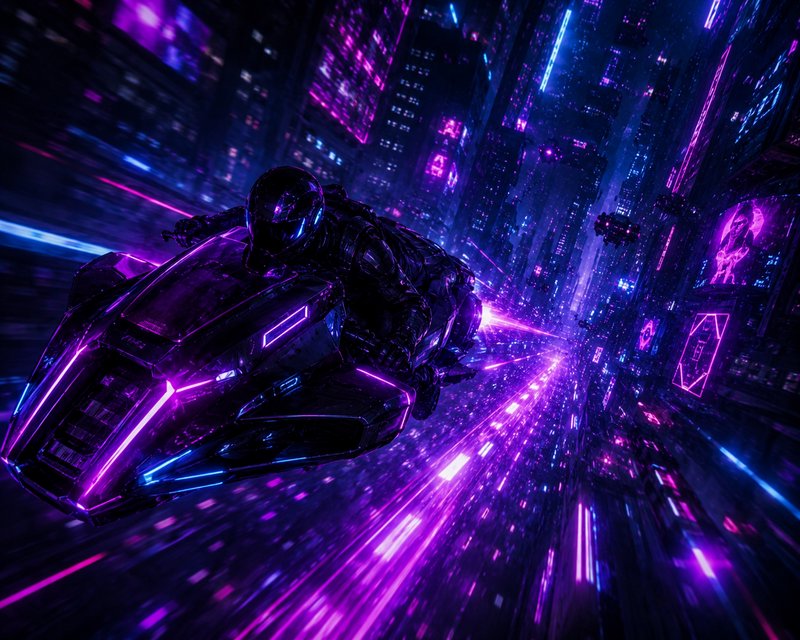 Futuristic rider on a neon-lit motorcycle speeding through a cyberpunk city at night.