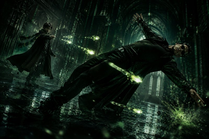 Two men in dark coats duel in a neon-green, rain-soaked hall with glowing energy trails.