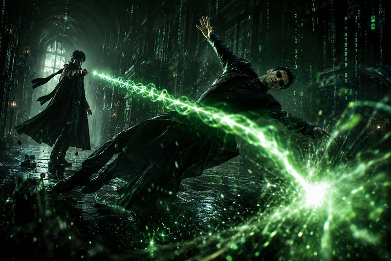 A dark, neon-lit duel in a rain-soaked cyberpunk city with a glowing green energy whip.