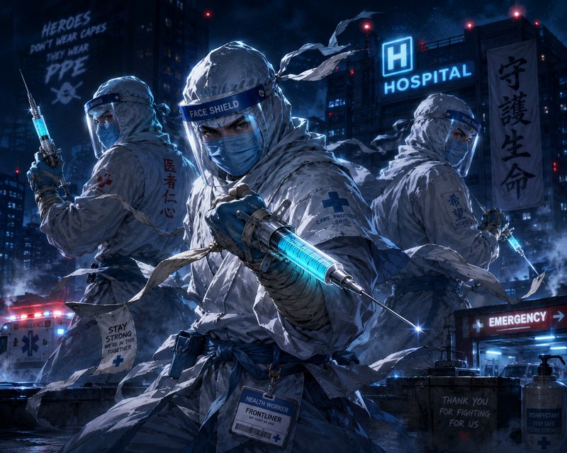 Three hazmat-suited frontline workers in a neon-lit night-time city hospital scene, brandishing glowing syringes.