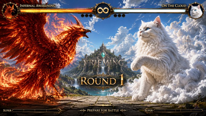 Fire dragon vs white cat in an epic fantasy battle screen with Round 1 title
