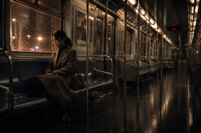 Woman sitting alone on a dimly lit subway car at night.