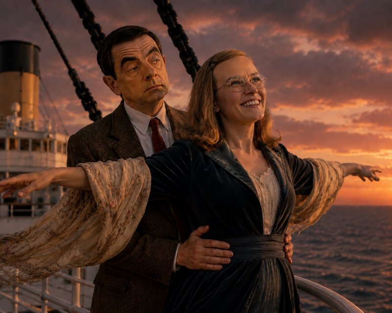 Couple on a ship deck at sunset, with arms outstretched and warm ocean hues behind them.