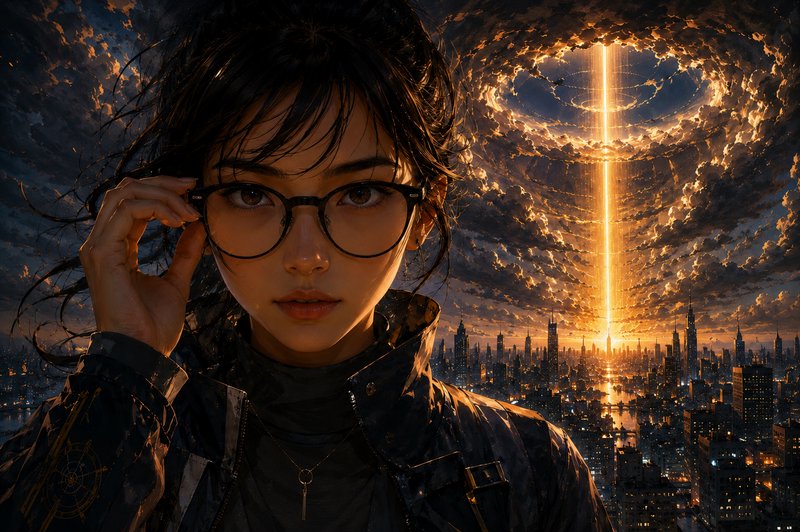 Portrait of a woman with glasses in a dark jacket, urban skyline, and a glowing vertical beam piercing dramatic clouds.