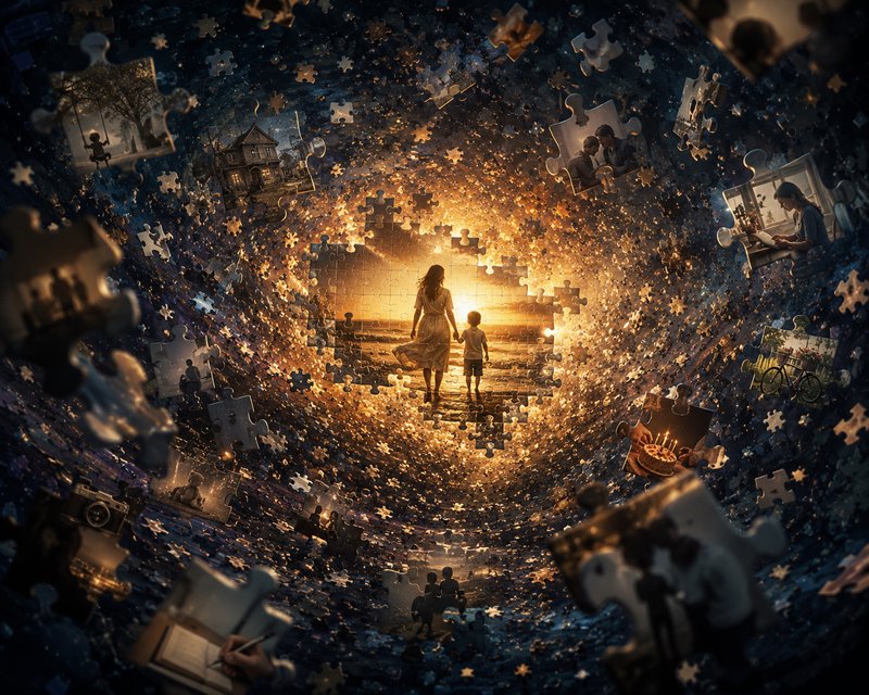 Mother and child walk toward the sunset, surrounded by a swirling vortex of puzzle pieces and memories.