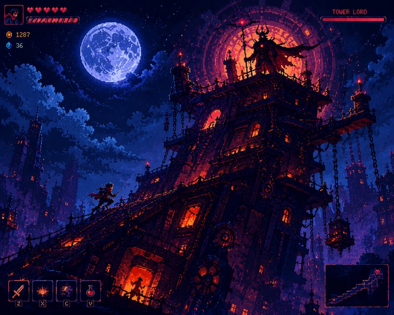 Dark, neon-lit fortress tower on a steep staircase under a blue moon in a pixel-art fantasy game scene.