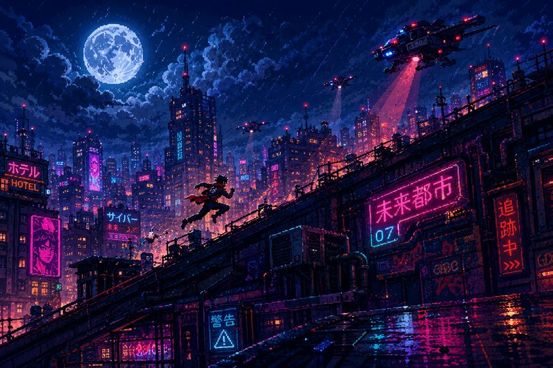 Cyberpunk night cityscape with neon signs, a jumping figure on an elevated rail, and a flying car under a full moon.