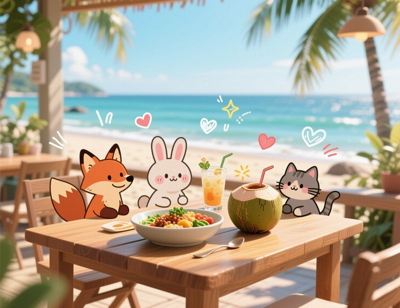 Cartoon fox, bunny, and cat enjoy a seaside meal at a tropical outdoor cafe by the beach.
