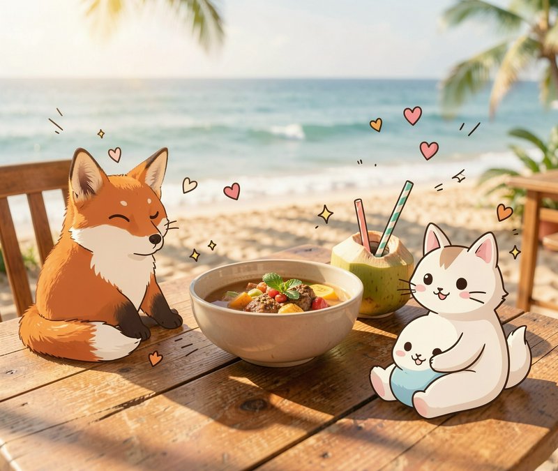 Cute cartoon fox and cat sit at a seaside wooden table with a bowl of food and a coconut drink on a sunny beach.