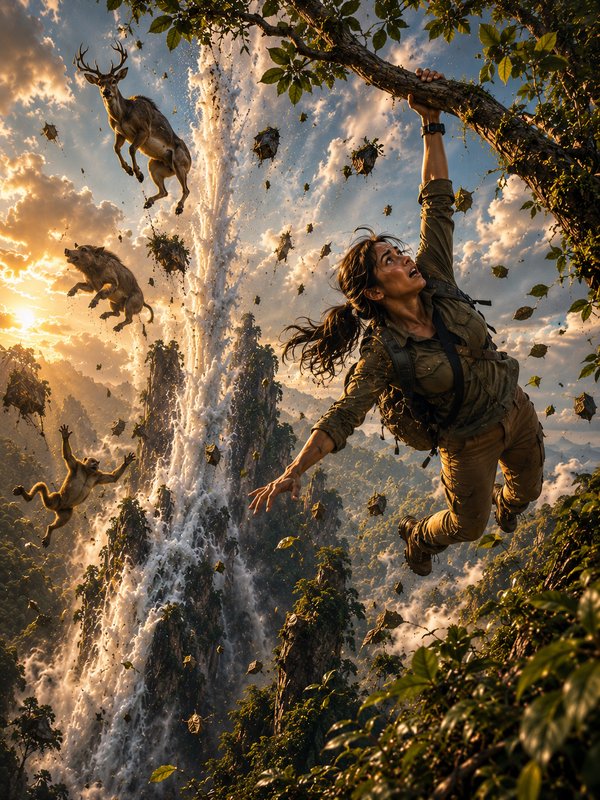 Woman explorer hangs from a tree branch as a geyser eruption launches animals and debris over jungle cliffs at golden sunset.