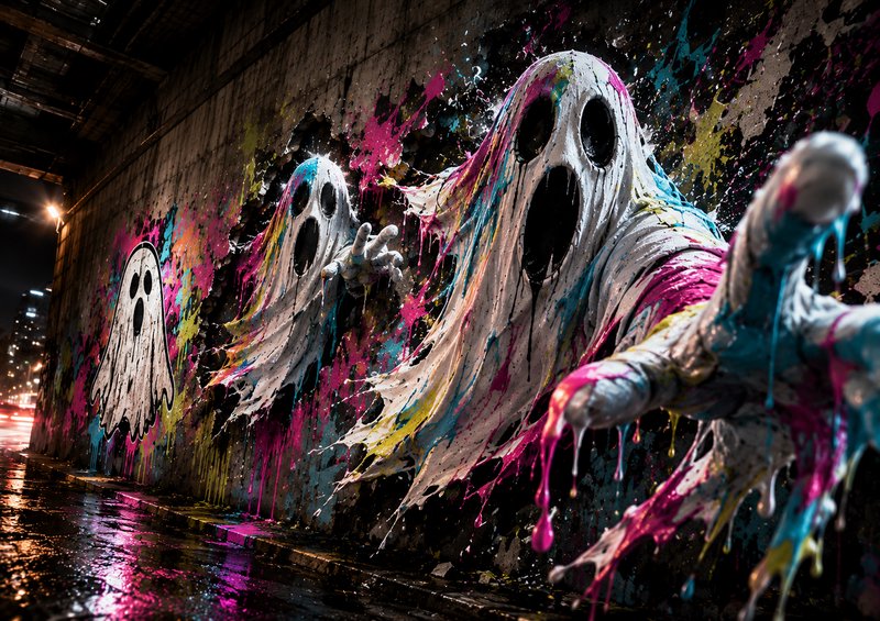 [Vibrant paint-splatter ghost graffiti appears to burst through a weathered concrete tunnel wall above a wet night city st...