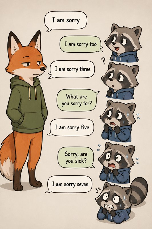 Cute comic panel of a deadpan fox delivering numbered apologies as a raccoon grows increasingly panicked