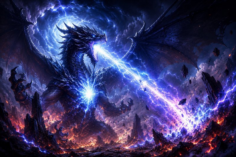 Massive spiked dark storm dragon unleashes lightning breath over a chaotic apocalyptic volcanic wasteland