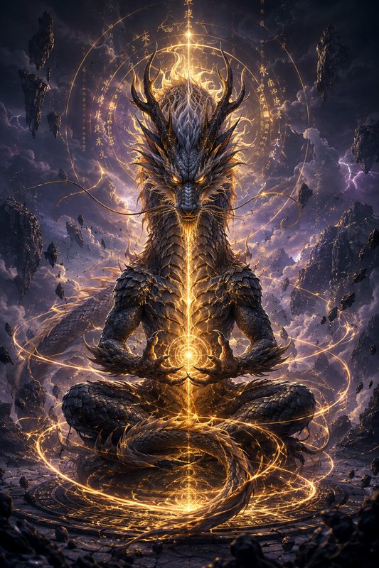 Majestic armored eastern dragon meditates in lotus pose, channeling glowing golden magic surrounded by runic spell