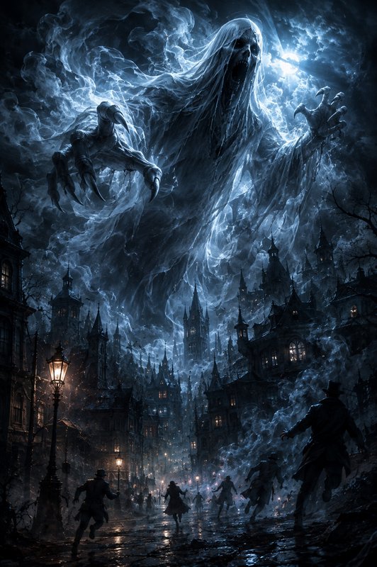 Towering ethereal skeletal wraith looms over panicked townspeople fleeing a mist-shrouded gothic Victorian city at