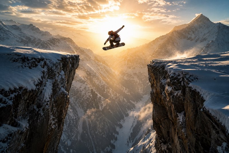 Snowboarder mid-air jumping across a snow-covered mountain cliff gap, backlit by golden sunset ov...
