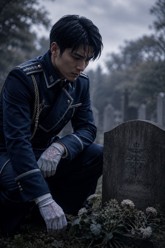 Cosplayer as Roy Mustang kneels somberly beside an engraved gravestone in a misty overcast cemetery.