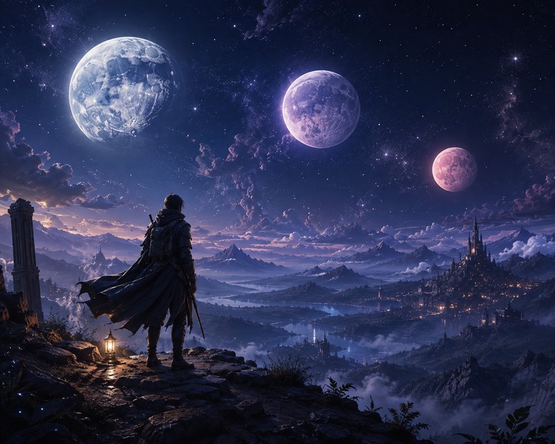 Armored lone fantasy wanderer stands on a rocky cliff overlooking a lit castle valley under three...