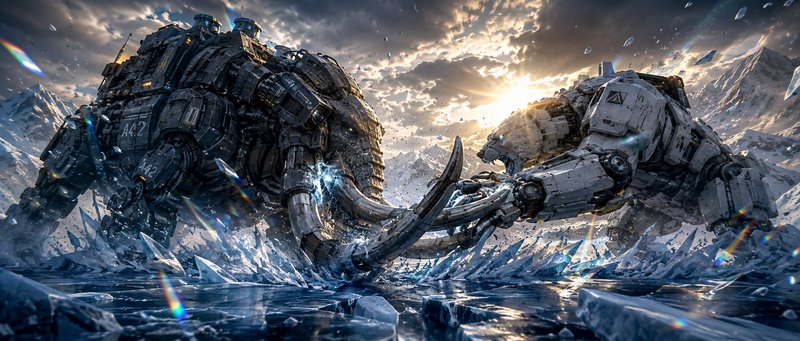 Robotic mammoth and polar bear battle mechs clash across shattered arctic glacial ice at golden s...