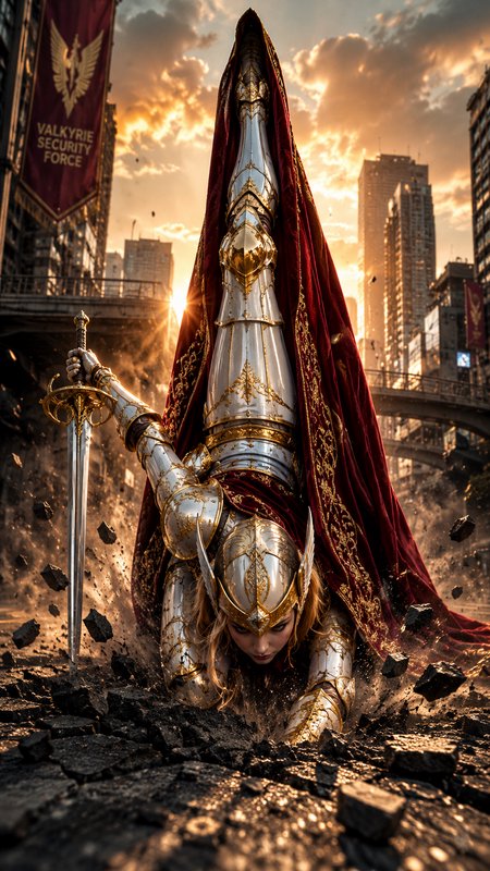 Armored valkyrie warrior lands powerfully on cracked city pavement, holding an ornate sword, in gilded silver armor with r...