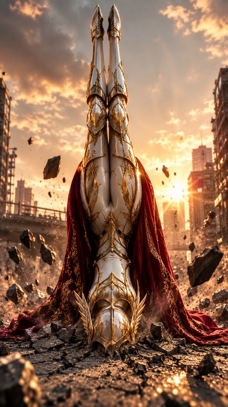 Ornate armored valkyrie planted headfirst in ruined city pavement, legs pointing upward, surround...