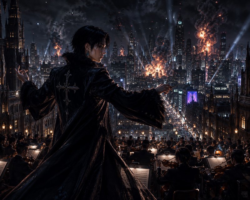 Stoic gothic conductor leads an orchestra overlooking a burning, exploding night city skyline und...