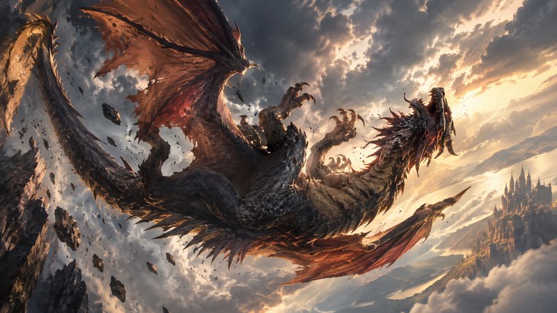 Massive battle-worn ancient fantasy dragon soars near a cliffside medieval castle under dramatic ...