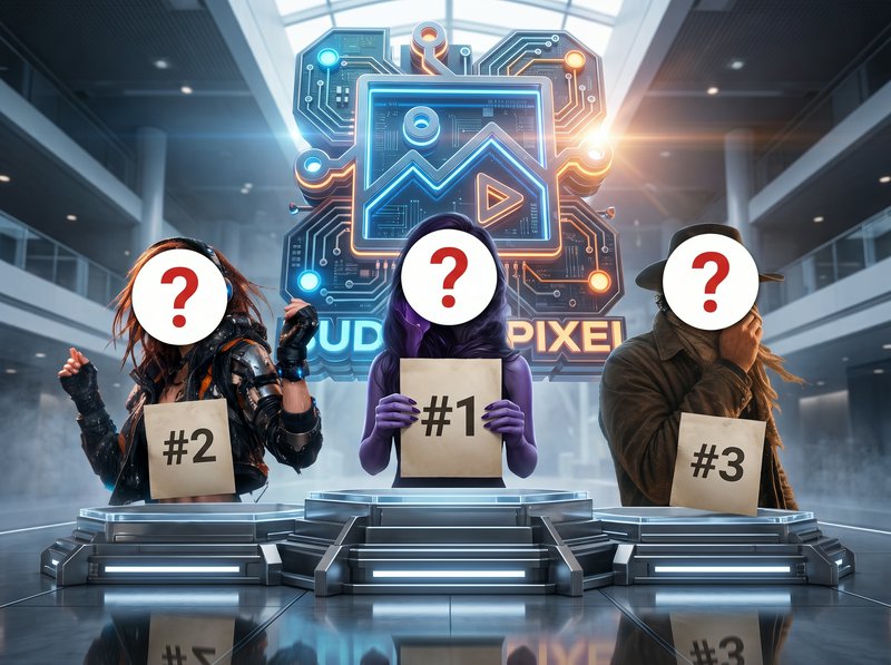 Three anonymous game show contestants holding #1, #2, #3 ranking signs stand on glowing futuristi...