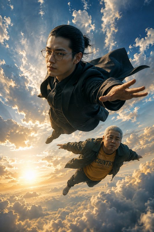 Two men fly high above sunlit golden clouds, a suited man with glasses reaches toward the camera ...