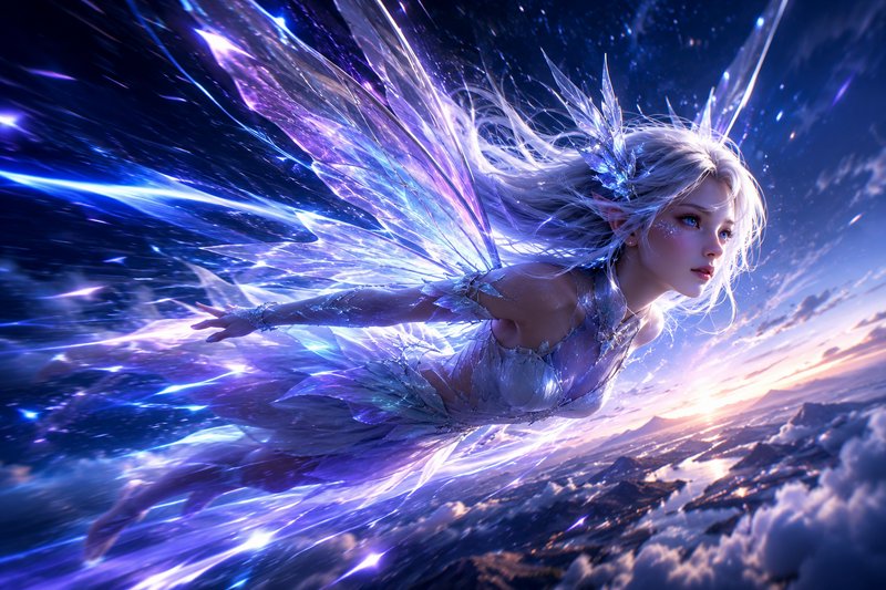 Silver-haired ethereal crystal-winged fairy flying at high speed above cloud tops, glowing magica...