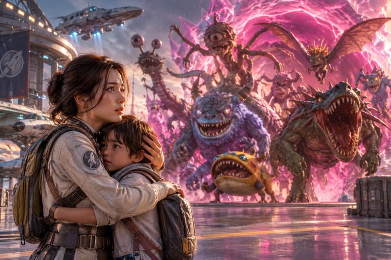 A worried woman hugs a young boy as grotesque alien monsters emerge from a pink energy portal on ...