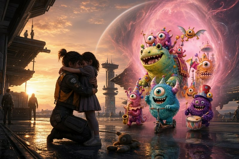 Kneeling guardian hugs young girl as playful colorful monster parade emerges from a glowing pink ...